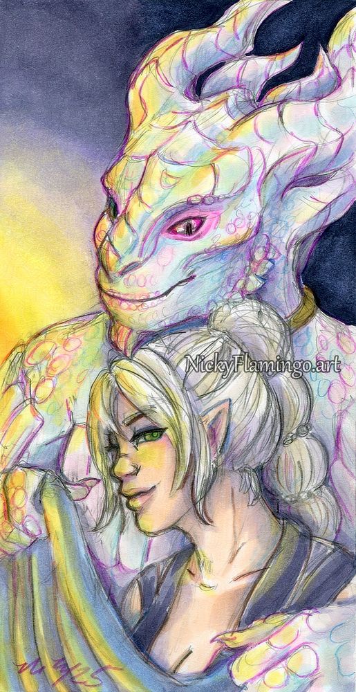 A pencil and marker artwork of my Baldur's Gate 3 player character Opallyx, a dragonborn bard and her half-elf girlfriend Shadowheart. Shadowheart "fell asleep" sitting against Opallyx's chest by the campfire, so Opallyx is pulling the blanket up over her so she stays comfy and warm. Opallyx is looking down at her with a gentle love. Shadowheart isn't actually asleep, she just wanted to cuddle closer, as is peeking out of one eye.
