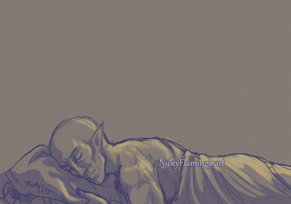 3 of 4 comic panels with digital illustrations featuring my dragon age inquisition player character, Inquisitor Berylin Lavellan and Solas.

Solas remains in bed by himself, still asleep and frowning at whatever dream he is having.