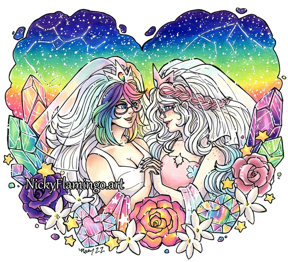 Marker Illustration of a wedding portrait of two women. They are facing each other, gazing at each other with joy and love, and holding hands as they exchange vows. Each are wearing tiaras, veils, and gowns. The hair of one has rainbow bangs and glasses, and the other has transgender flag colors in her hair. They are surrounded with gemstones, including one pink and blue heart and one ranbow heart crystal, on the other's opposite side. There are roses, jasmine flowers, and stars between the crystals. A rainbow gradient heart forms the background, with the zodiac constellations of Sagittarius and Aquarius are above them. 

Characters Phaedra and Rena belong to AlexLyre. 