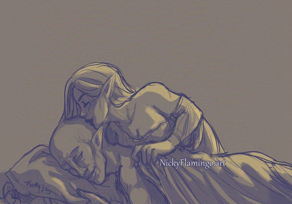 4 of 4 comic panels with digital illustrations featuring my dragon age inquisition player character, Inquisitor Berylin Lavellan and Solas.

Berylin comes back, leaning over Solas to kiss his head gently, pulling the covers over his bare back so that he is more comfortable. 
Solas opens one eye and smiles at her loving gestures.