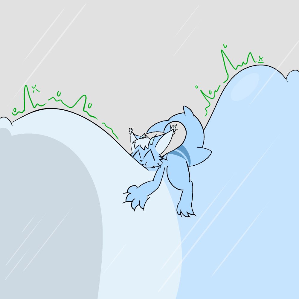 Behind a pane of glass is an anthro fish creature with a massive stomach that's pressing against both sides of the room. The belly of the beast is very loud.