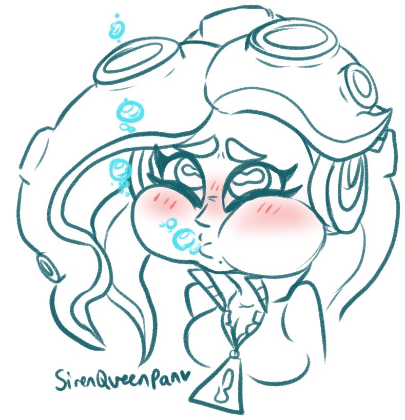 Marina from the Splatoon series. Marina's face cheeks are puffed up really large, she has a red blush on her face, and bubbles are slipping out of her pouting face.