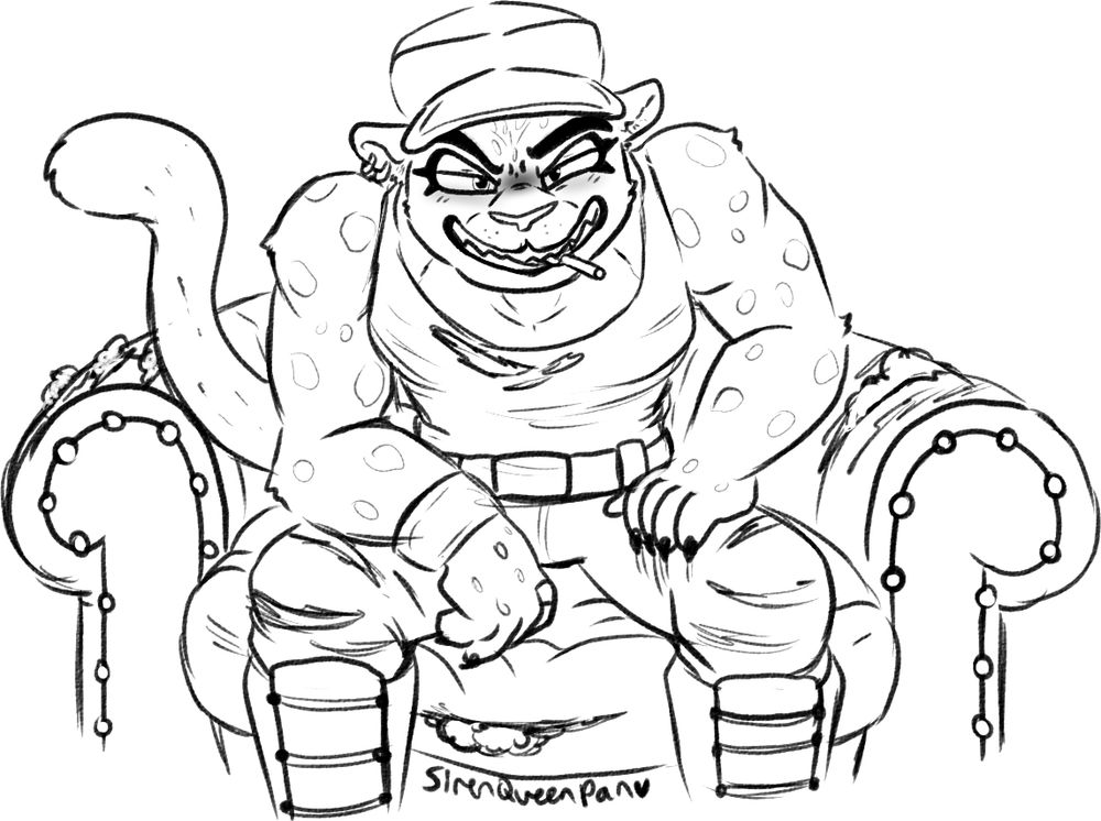 Kitty Kat from Bad Guys 2 leaning forward on a ripped up arm chair with a look of confidence on her face. It's implied she ripped up the chair herself. She has a lollipop in her mouth. Is it Cherry? Strawberry? She's not sure...