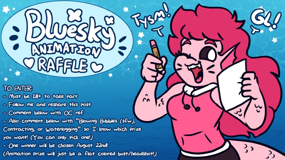 TO ENTER:
- Must be 18+ to take part
- Follow me and reshare this post
- Comment below with OC ref
- Also comment below with "Blowing Bubbles, Contracting, or Waterlogging" so I know which prize you want! (You can only pick one!)
- One winner will be chosen August 22nd!
(Animation prize will just be a flat colored bust/headshot!)