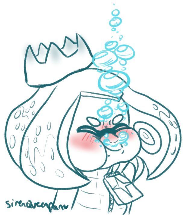 Pearl from the Splatoon series underwater. Pearl has puffed up cheeks with red blush and is bubbling lots of bubbles out of her nose.