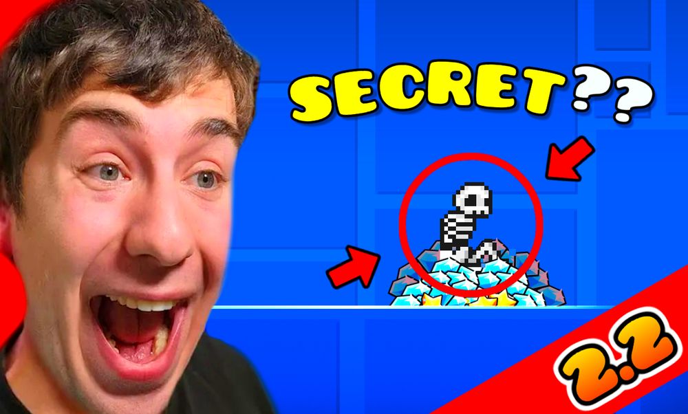 Exaggerated youtube thumbnail with a photo of GD Colon with an excited expression. On the right you can see rattle dash with a red circle and arrows pointing with the words "SECRET??" above. On the bottom right corner is a red banner with "2.2" on it.