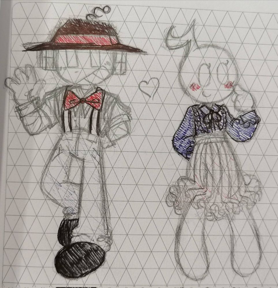 bebop and ska, originally named pierre and viola. they used to be bald! i gave them hair to add a bit more to their silhouette. trust me, i like bald people too