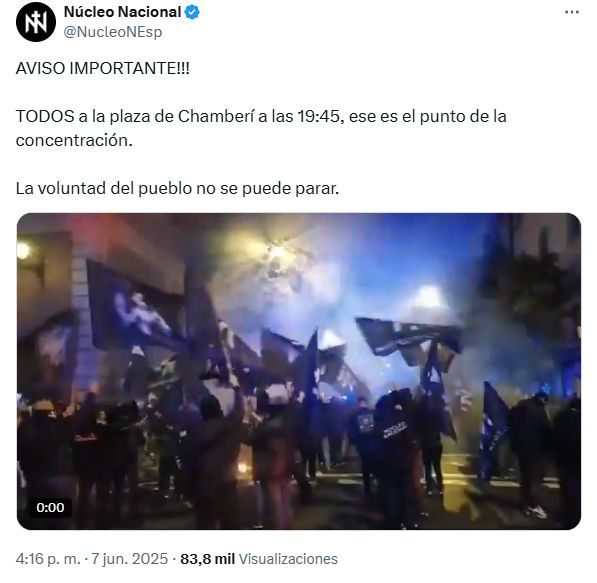 Llamamiento a una concentración en Chamberí por parte del grupo neonazi Núcleo Nacional. 