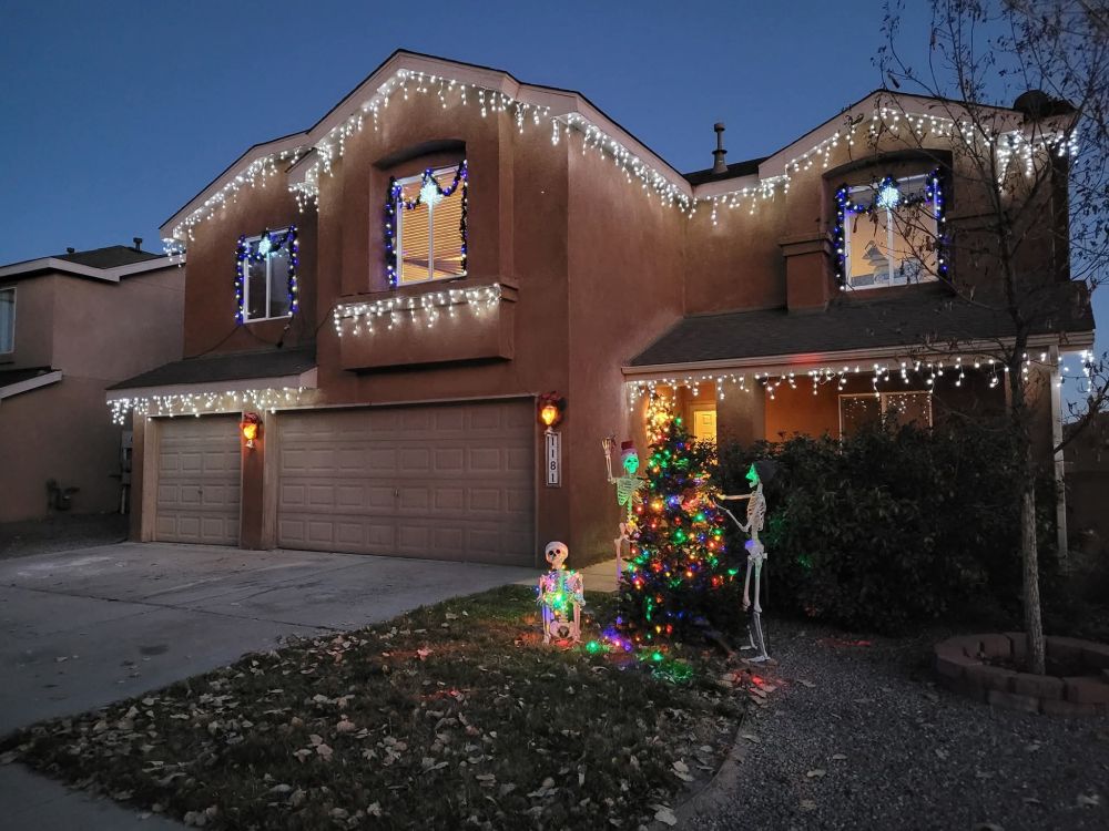 Buzz's house, decorated for Yule. There are icicle lights on the eaves, garlands on the windows, and a tree decoration diorama in the yard of skeletons decorating the tree.