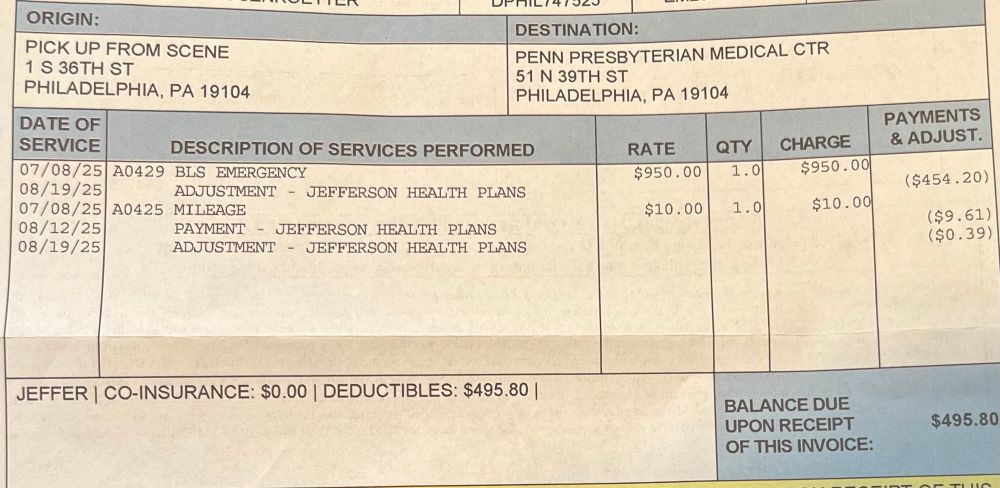 The salient info is already text in the post. This is just a photo of the second bill I received (after calling to provide my insurance info upon receiving the full bill) as documentation (cropped to exclude any PII).