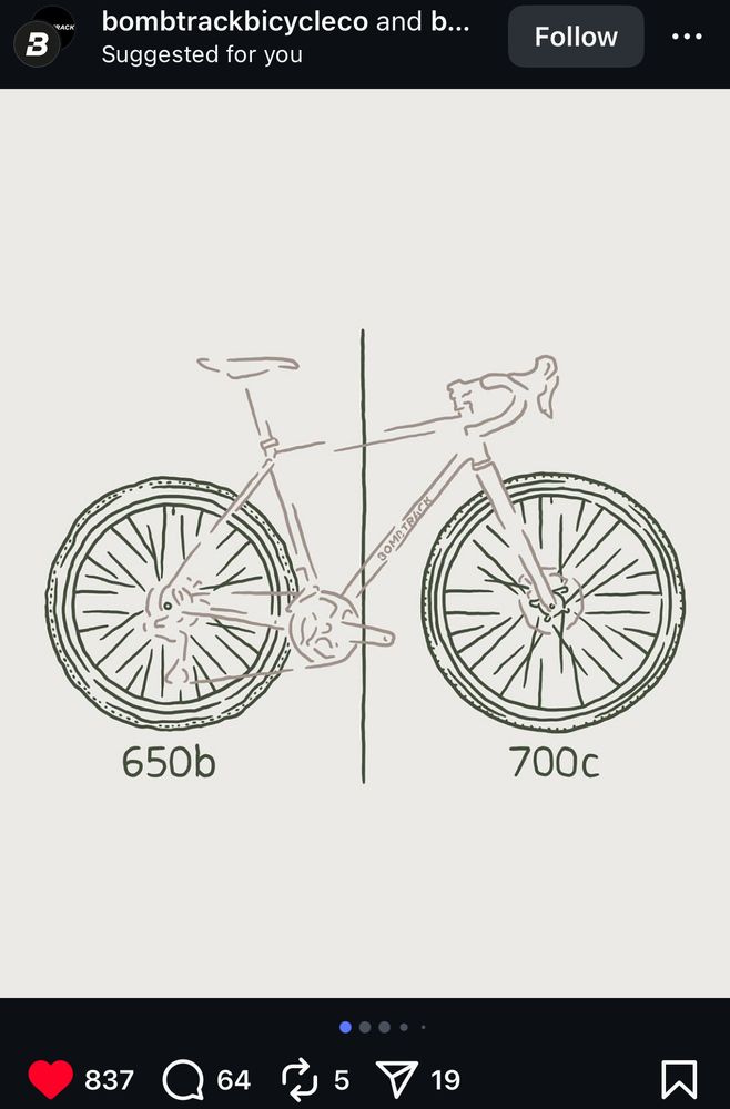 The start of a bombtracycleco post on Instagram, a line-drawing of a bicycle with a 700c wheel up front and a 650b wheel in the back…
