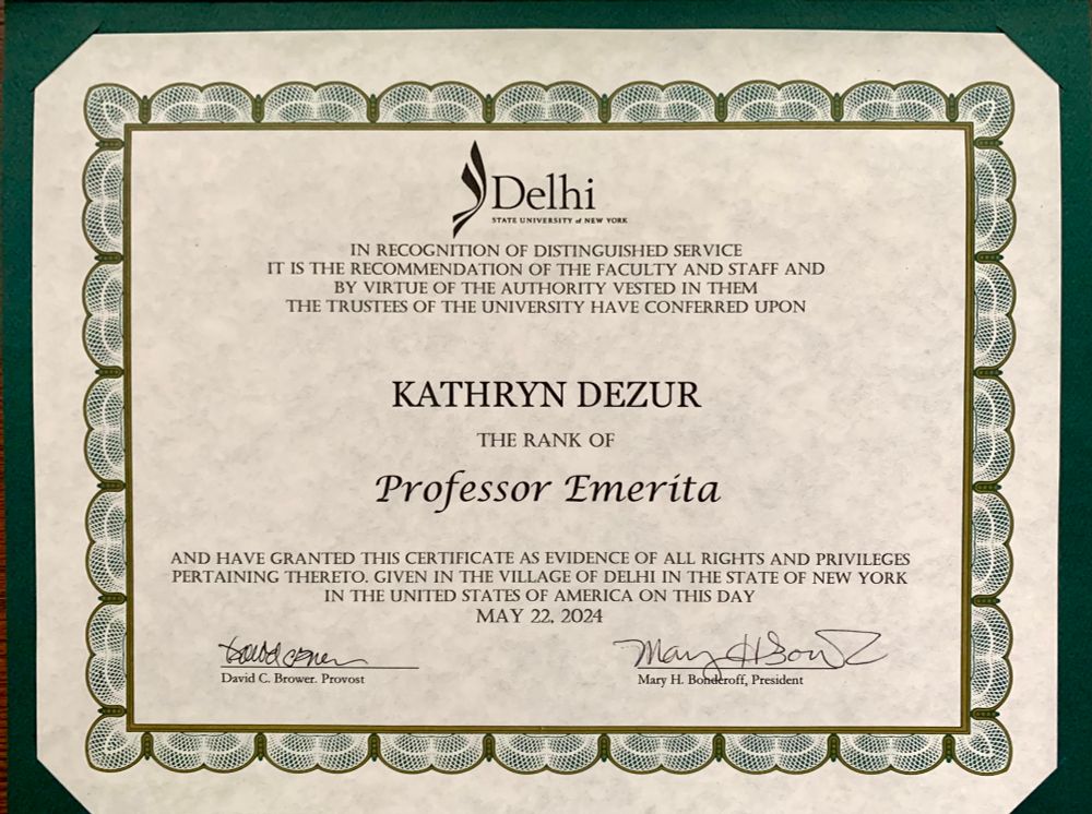 A certificate granting Kathryn DeZur the title of Professor Emerita at the State University of New York at Delhi