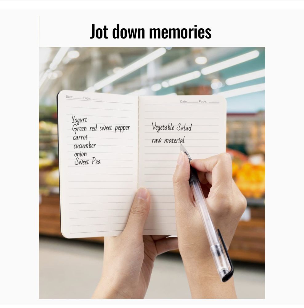 Title says jot down memories and there is a picture of someone writing in a notebook a shopping list. For some reason Sweet Pea gets capitalised but sweet pepper doesn’t. Take that pepper