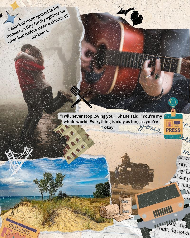 Visual representation of a thriller novel with the quotes "I will never stop loving you," Shane said. "You're my whole world. Everything is okay as long as you're okay." and "A spark of hope ignited in his stomach, a tiny firefly lighting up what had before been a chorus of darkness." 