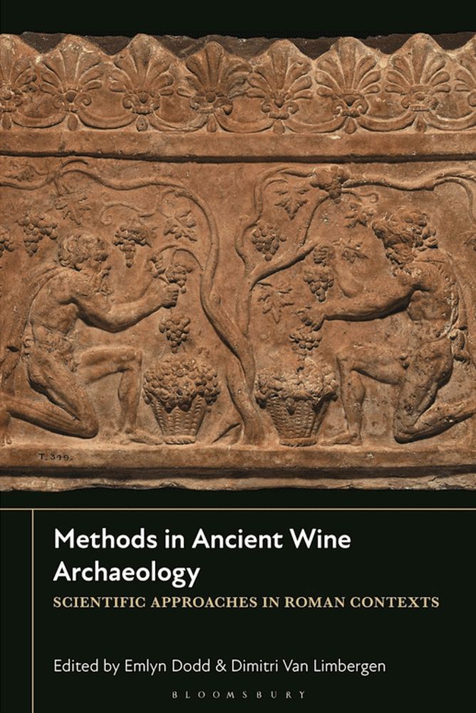 A book cover showing a Roman relief of two satyrs picking grapes from central vine tree, small wicker basket before each.