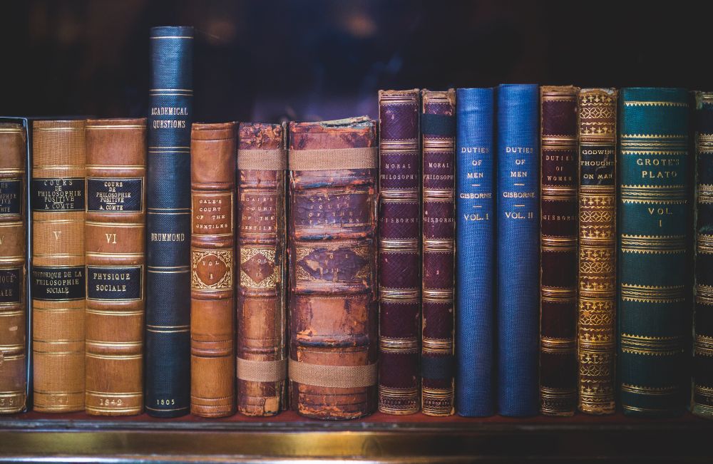 a row of old leather-bound books