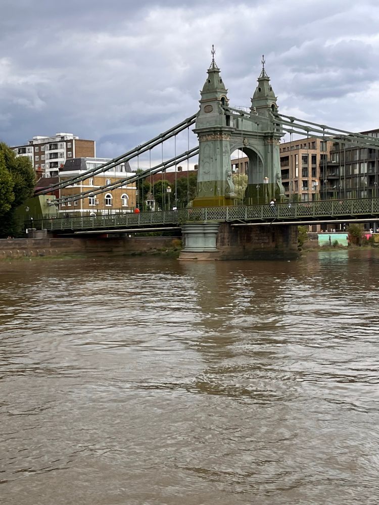 Hammersmith Bridge, where the type was dropped into the Thames. 