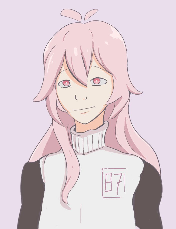 Drawing of Shachimu - an artist and singer on YouTube who has pastel pink hair and a black/white sweater. The sweater has an 87 on it 