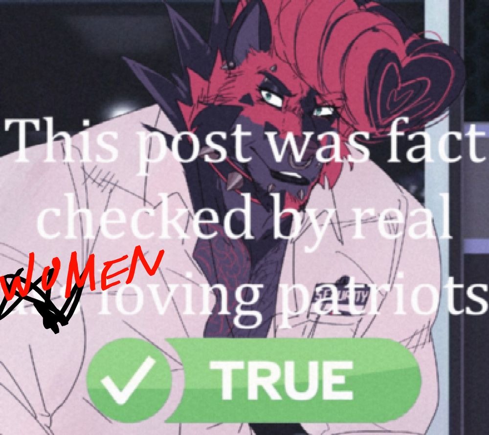 Picture with a caption that reads "This post was fact checked by real (the word ass has be scribbled out) WOMEN loving patriots. TRUE"