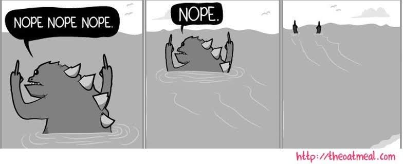 A 3-panel cartoon of a spiny-backed creature walking into the ocean saying "Nope nope nope" and flipping the middle finger with both hands. In the last frame, only the hands are visible above the water.