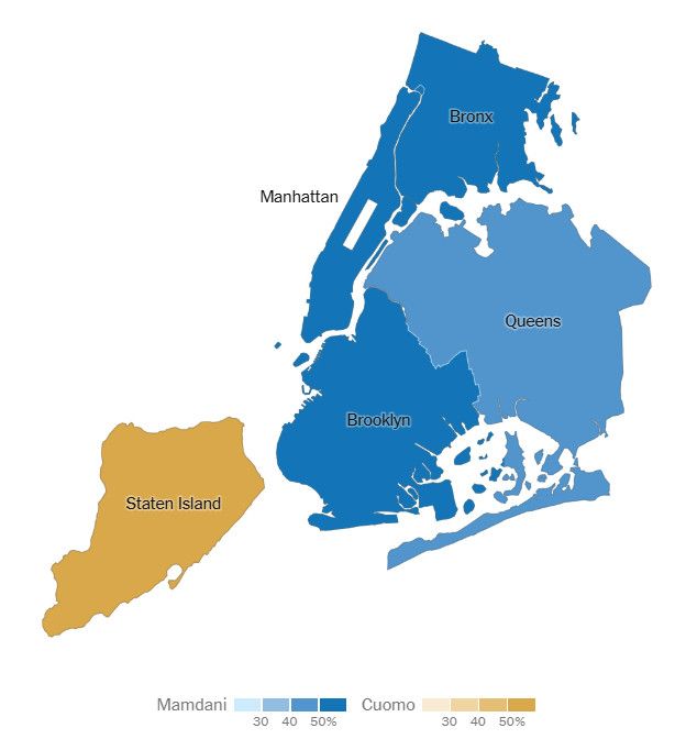 A map of all the boroughs of New York City in shades of blue — Manhattan,Bronx and Brooklyn being darkest— most votes for Mamdani to lighter blue, Suffolk County and Queens. Staten Island is all by itself and dark yellow representing overwhelming support for Cuomo. 