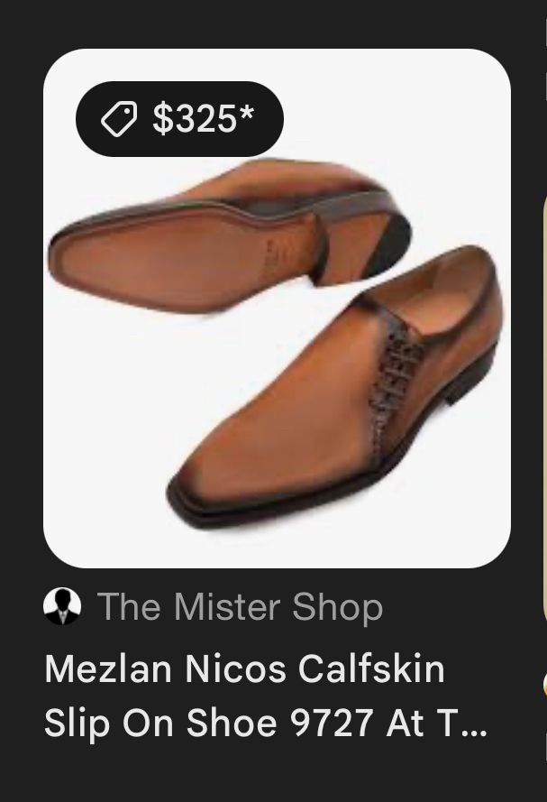 The Mister Shop 
Mezlan Nicos Calfskin
Slip On Shoe 9727

Price $325

So now, you, too, can own your own ancient Mesopotamian footwear. 