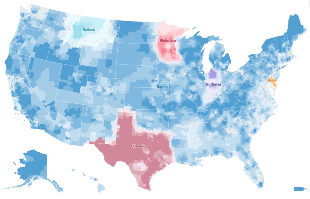 A map of the United States that depicts donor data from the 2020 Democratic presidential primary, where each region is shaded in a color representing the candidate who received the most donors from that region. With the exception of small pockets where some candidates won their home state or county, the entire country is shaded blue for Bernie, a Democrat who actually acted