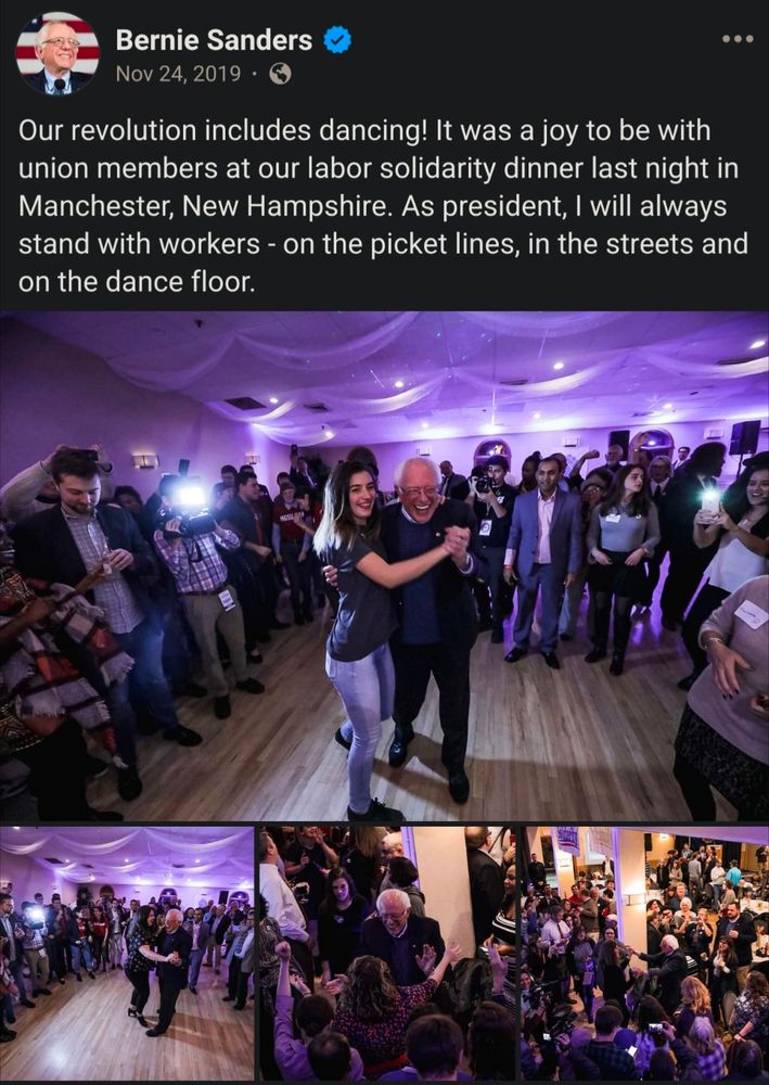A Facebook post from the Bernie Sanders account dated November 24th, 2019. The post contains photos of Bernie dancing with supporters. In the caption, Bernie says 
