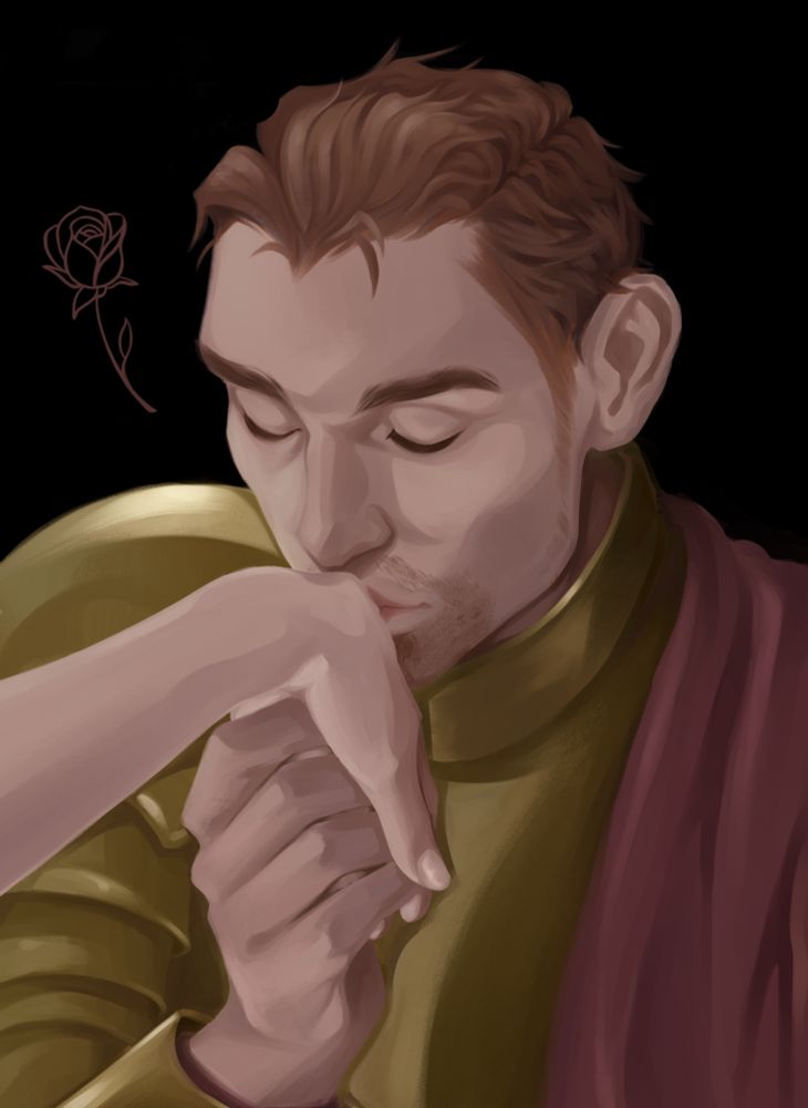 A digital drawing of Alistair from Dragon Age Origins gently kissing a woman's hand.