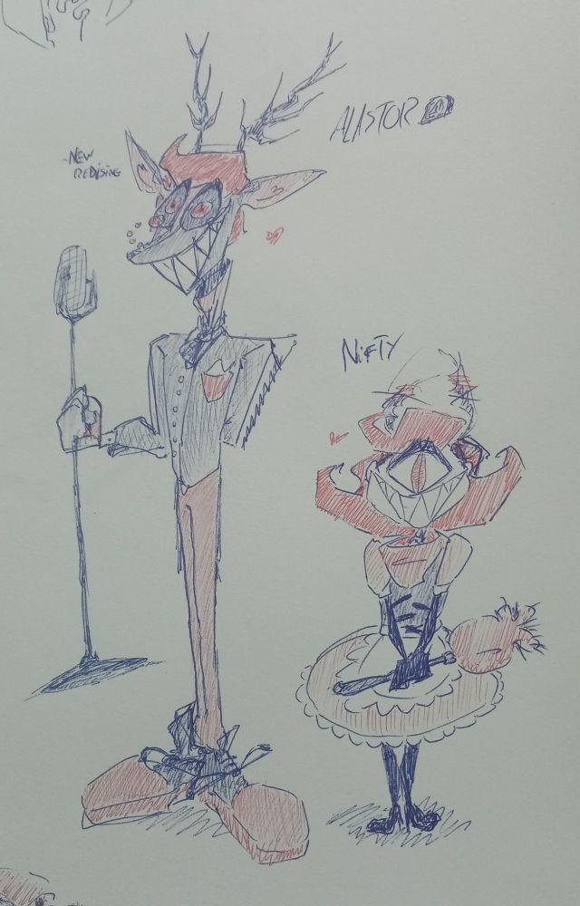 the funny radio deer guy from hazbin hotel (and niffty cuz i found the size difference funny) 

i forgot give him a tail here, but he got a tail in another drawings