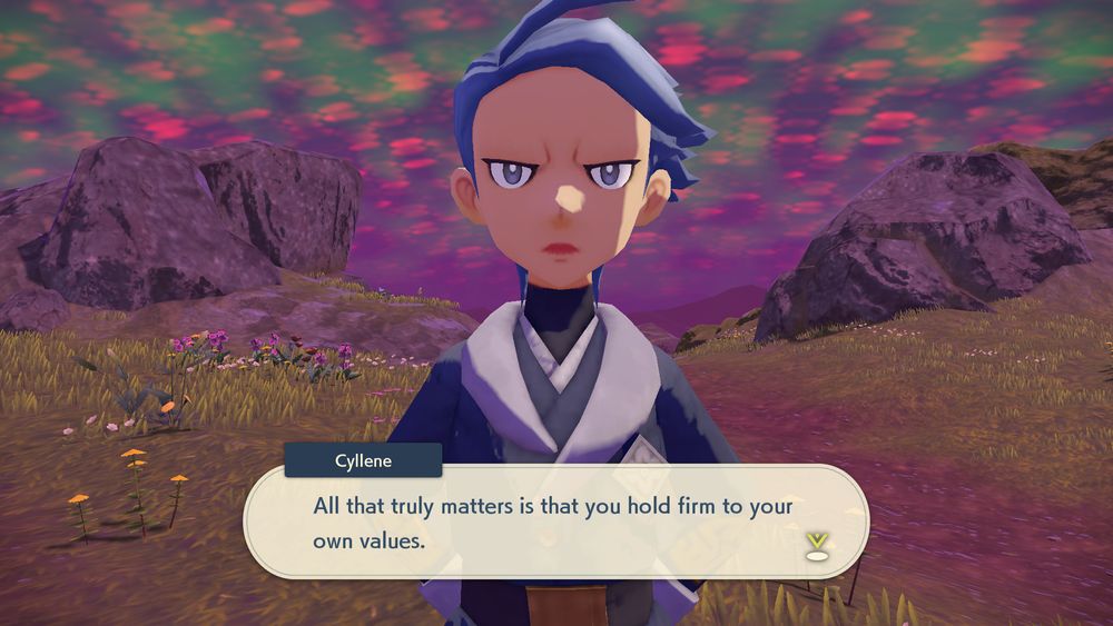 Screenshot from Pokemon Legends Arceus of Captain Cyllene talking to the Player Character in the Obsidian Fieldlands after being expelled from Jubilife Village.

"All that truly matters is that you hold firm to your own values."