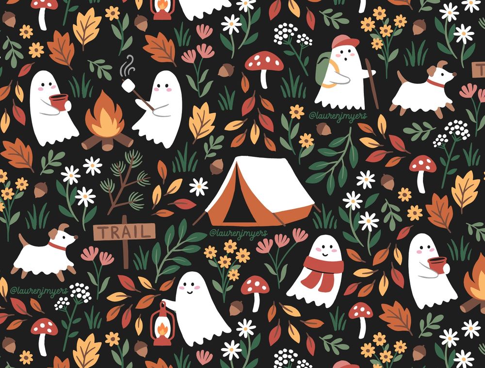 a camping-themed toss pattern with flowers and fall leaves featuring ghosts sitting by a campfire, holding a lantern, and walking a ghost dog. 