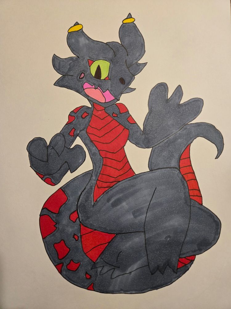 Hand-drawn kobold smiling tl the viewer.