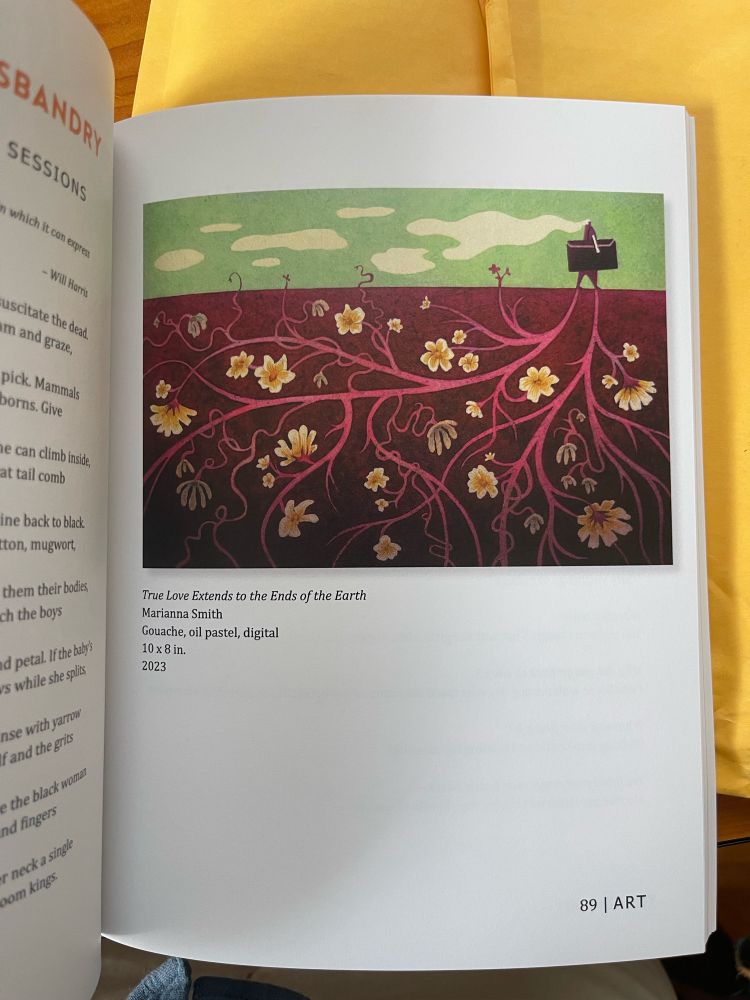 Illustration on a page of the magazine showing a person holding a large bag and standing in a pink and green landscape. Roots grow underground below the figure. Yellow flowers sprout from the roots. Some flowers are alive, while others are wilted. The person’s hair turns into clouds.