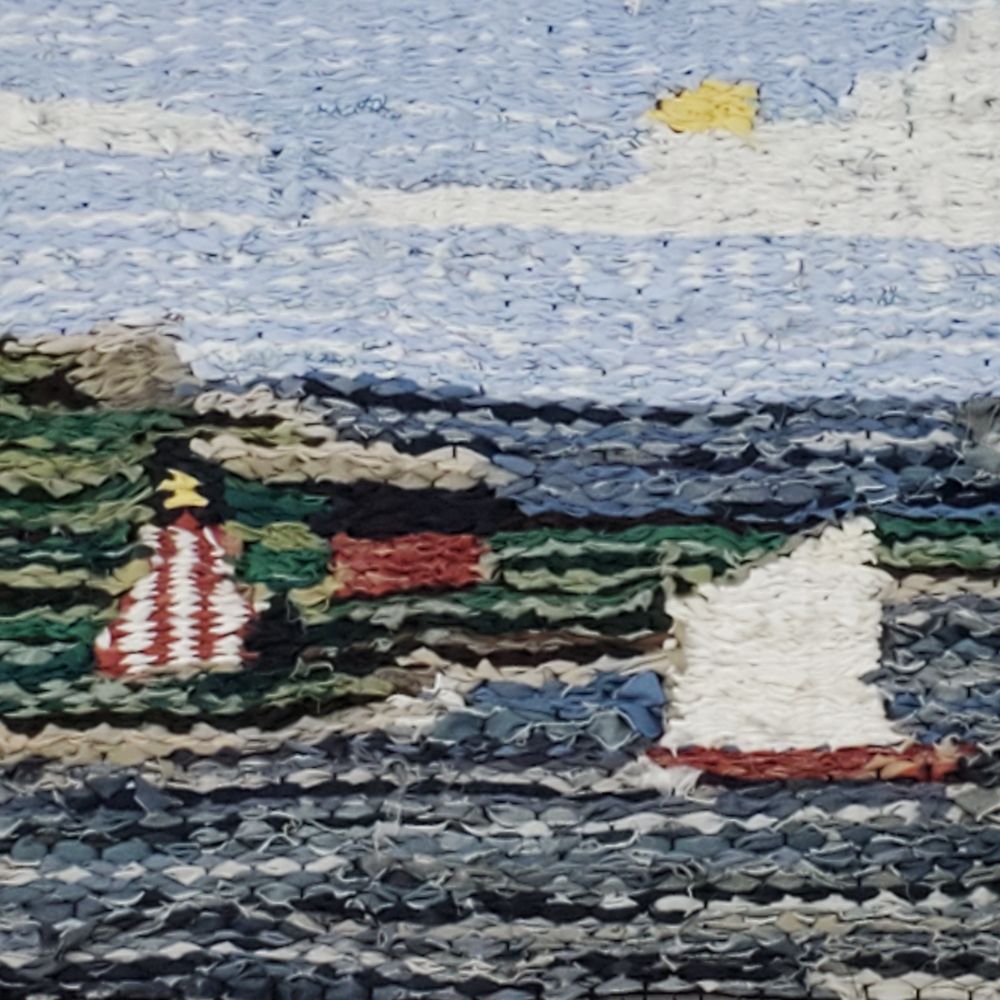 "Fair Winds" Woven Tapestry captures the grounding energy of the landscape with a lighthouse standing at point to guide ships to safe harbor, while fair winds and calm seas carry the sails of a day sailor home.  Elements of earth, wind, and air together. Made with upcycled woven sheeting and denim fabrics and cord on a recycled picture frame.
2021
55" W x 42" H in Frame
Original Work by Amy C Lund 