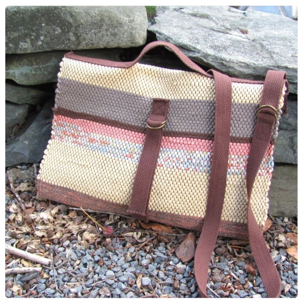 Artisan Hand Woven Recycled Cotton Fabric Crossbody Messenger Bag is a Gender Neutral Unisex Men's or Women's Shoulder Tote Bag. This Handmade Vegan, Zero Waste, Sustainable Eco Friendly Upcycled Cloth Satchel In Light Gold, Brown, Gray & Coral Pink.

Perfect for your books & art projects!