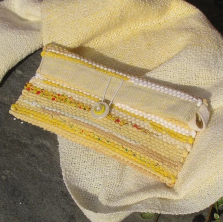 Bright Sunny Yellow Upcycled Fabric Boho Wallet Phone Clutch, Handmade Artisan Hand Woven Recycled Cotton Cloth Fabric Purse. Sustainable Style and Eco Friendly, a Zero Waste, Vegan, Slow Fashion Accessory for the Conscious Consumer, also a Soft Eyeglass Case or Jewelry Cosmetic Pouch Handcrafted by Amy C. Lund!