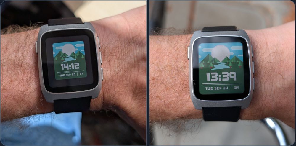 A picture of the Pebble Time 2 on a person's arm, displaying a pretty artistic rendition of mountains, a river, and the sky. For this post it's showing what this display looks like.