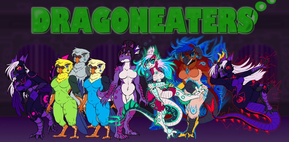 promo art for the vore game, "Dragoneaters", featuring from left to right: Lunalyn the Raven-Dragon, three different-colored Budgie girls, Tanza the Kobold, Vesper the Galah-Dragon, Skylar the Hawk-Dragon, and "Dark" Lunalyn.