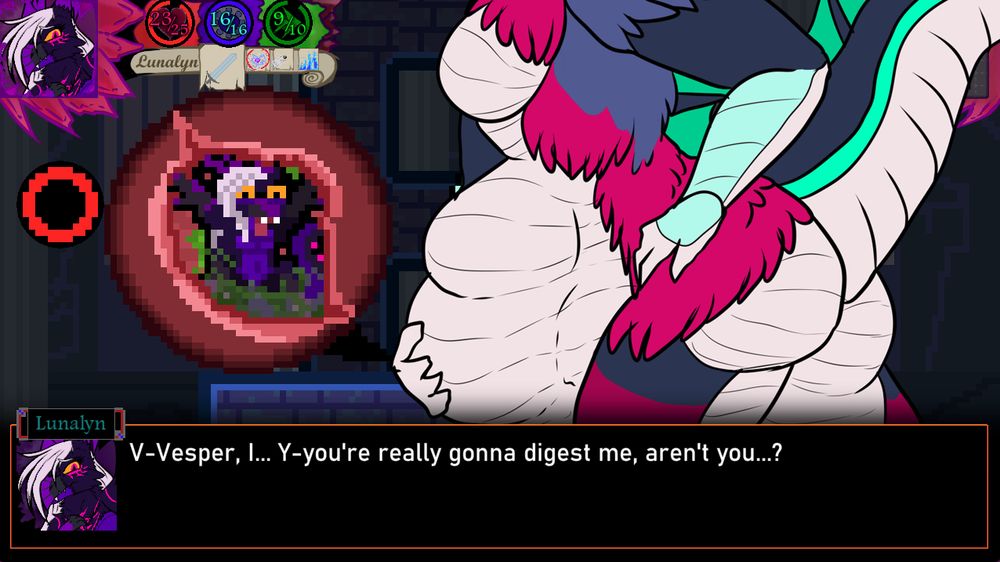 Lunalyn (Raven Dragon) devoured by Vesper (Galah Dragon)
Lunalyn: "V-Vesper, I... Y-you're really gonna digest me, aren't you...?"