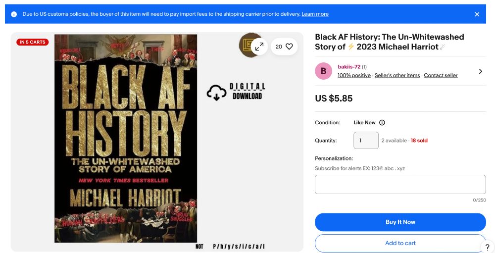 Pirated downloadable copies of BLACK AF HISTORY by Michael Harriot and several other titles being sold on eBay.