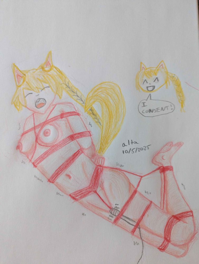 Opheliaway naked and tied up in red rope with a sex toy pinned to stimulate her. She consents!