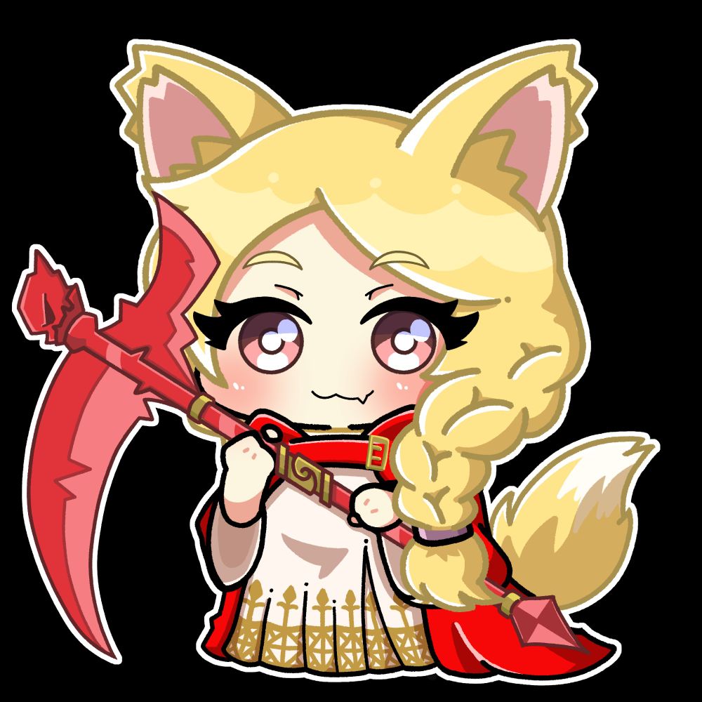 Wolf girl pngtuber opheliaway in her outfit stylized similar to Ovelia Akatscha from Final Fantasy Tactics holding her Chaos scythe.