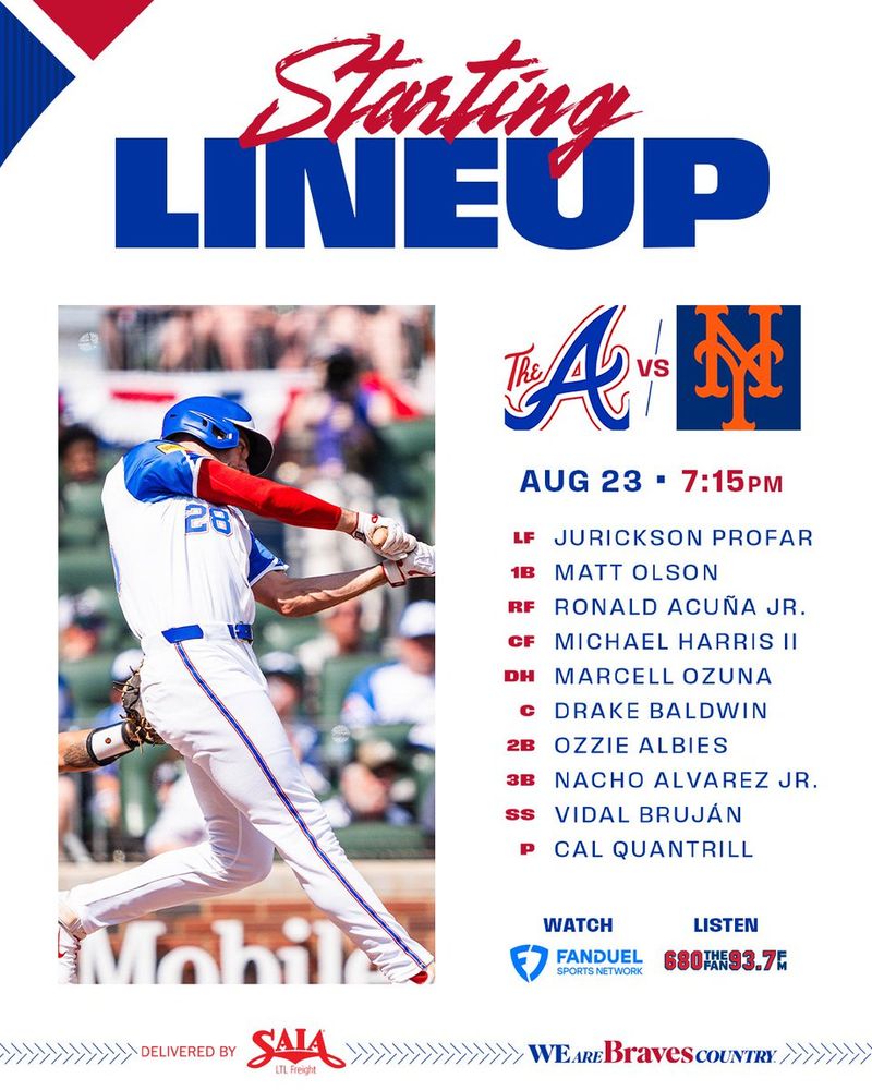 Profar, Olson, Acuña Jr., Harris II, Ozuna, Baldwin, Albies, Alvarez Jr, Bruján. Quantrill on the mound.