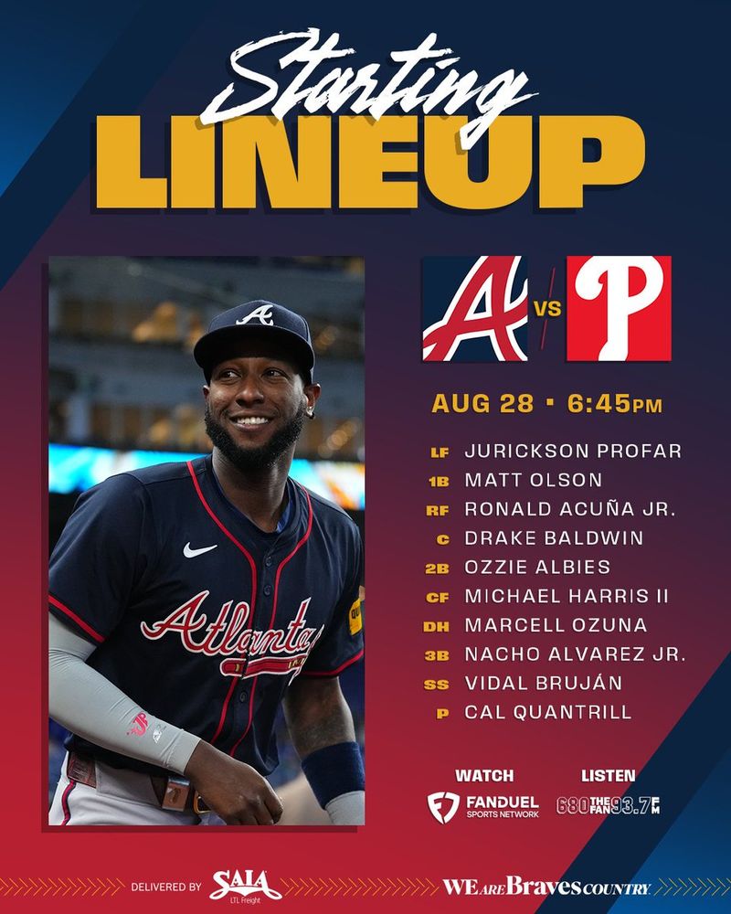 Profar, Olson, Acuña Jr., Baldwin, Albies, Harris II, Ozuna, Alvarez Jr., Bruján. Quantrill on the mound. 