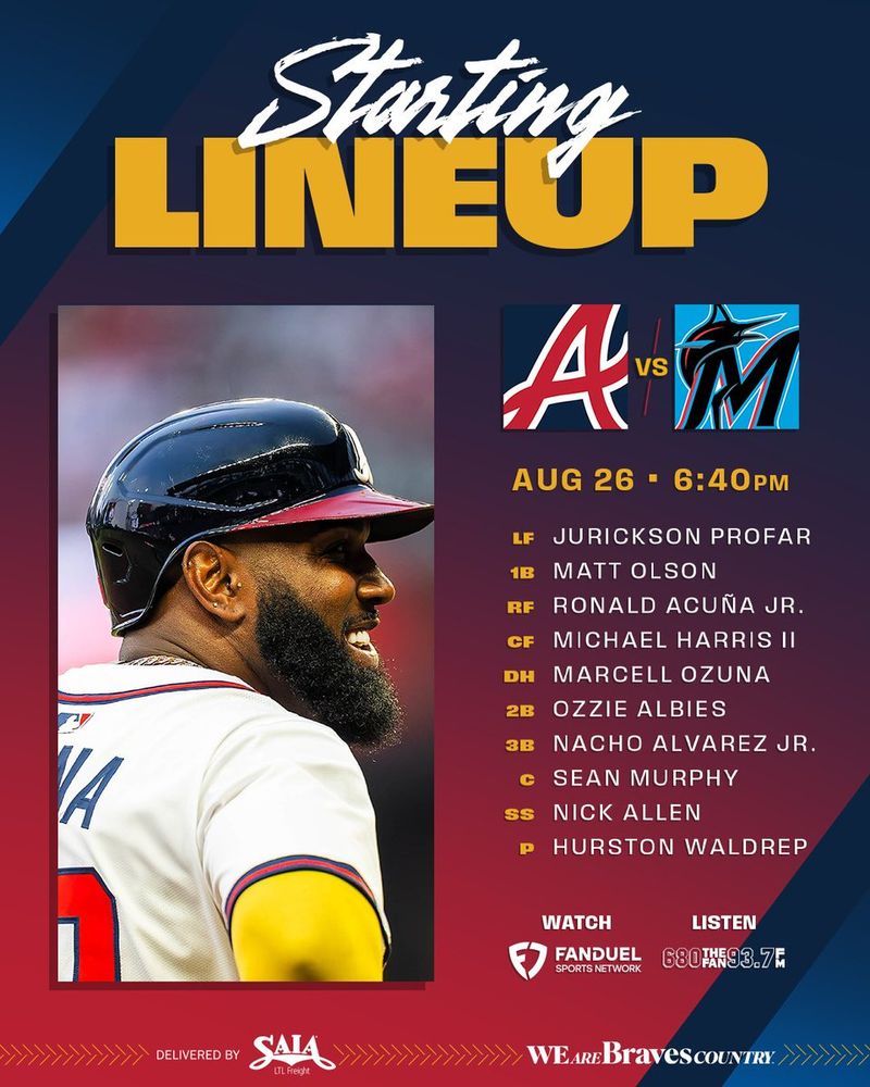 Profar, Olson, Acuña Jr., Harris II, Ozuna, Albies, Alvarez Jr., Murphy, Allen. Waldrep on the mound.
