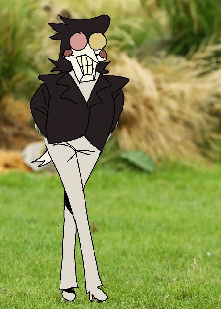 A shitty phone doodle of Spamton with very long legs drawn overtop a photo of a secretary bird.