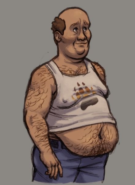 A digital drawing of Bill Dauterive from King of the Hill in an ill-fitting tank top with a gay bear paw on the front. His hairy gut is hanging out of it and he has a dopey smile on his face.