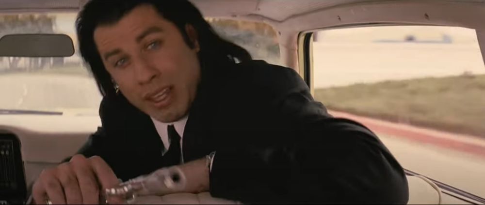 from pulp fiction (1994): vincent vega asking marvin a question while holding a gun in an unsafe manner