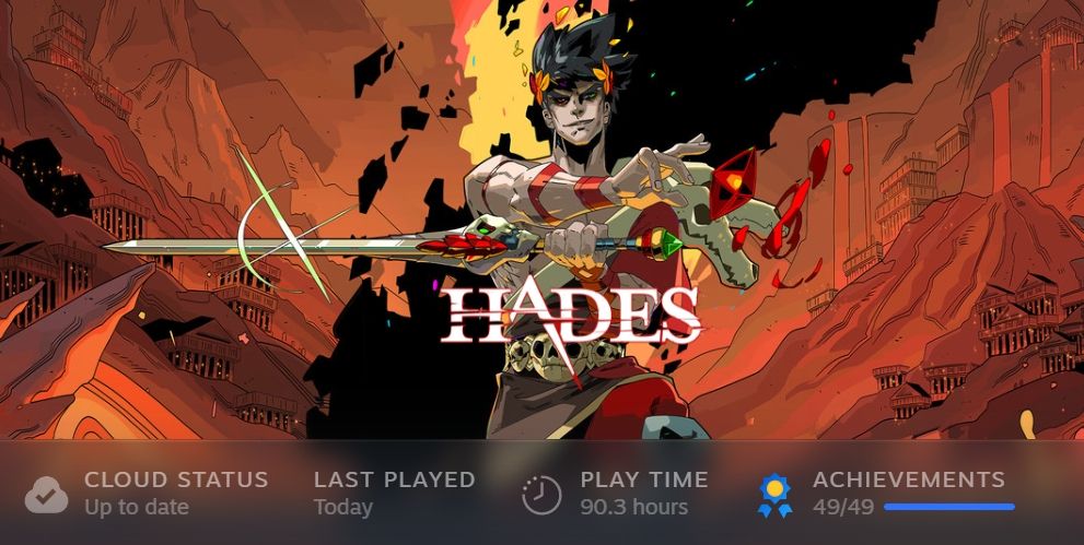 the hades banner image from my steam library; shows 90.3 hours played and 49/49 achievements.
